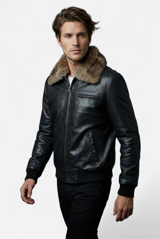 BLOUSON HOMME REDSKINS ORIGINAL EN CUIR AVEC COL EN  FOURRURE