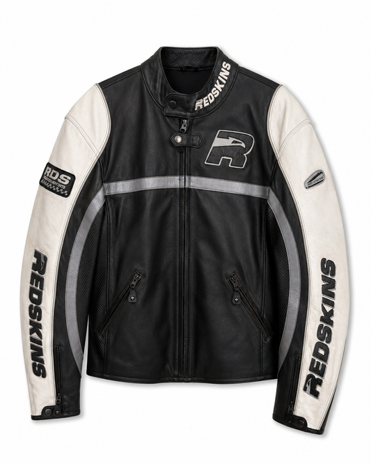 Blouson cuir moto noir et blanc