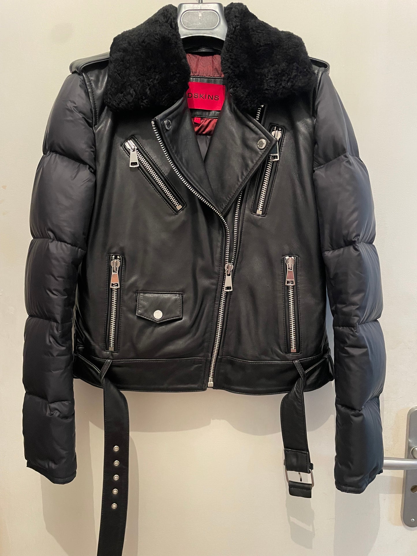 Blouson Perfecto REDSKINS Femme XS Cuir Mouton Doudoune Col Amovible Noir