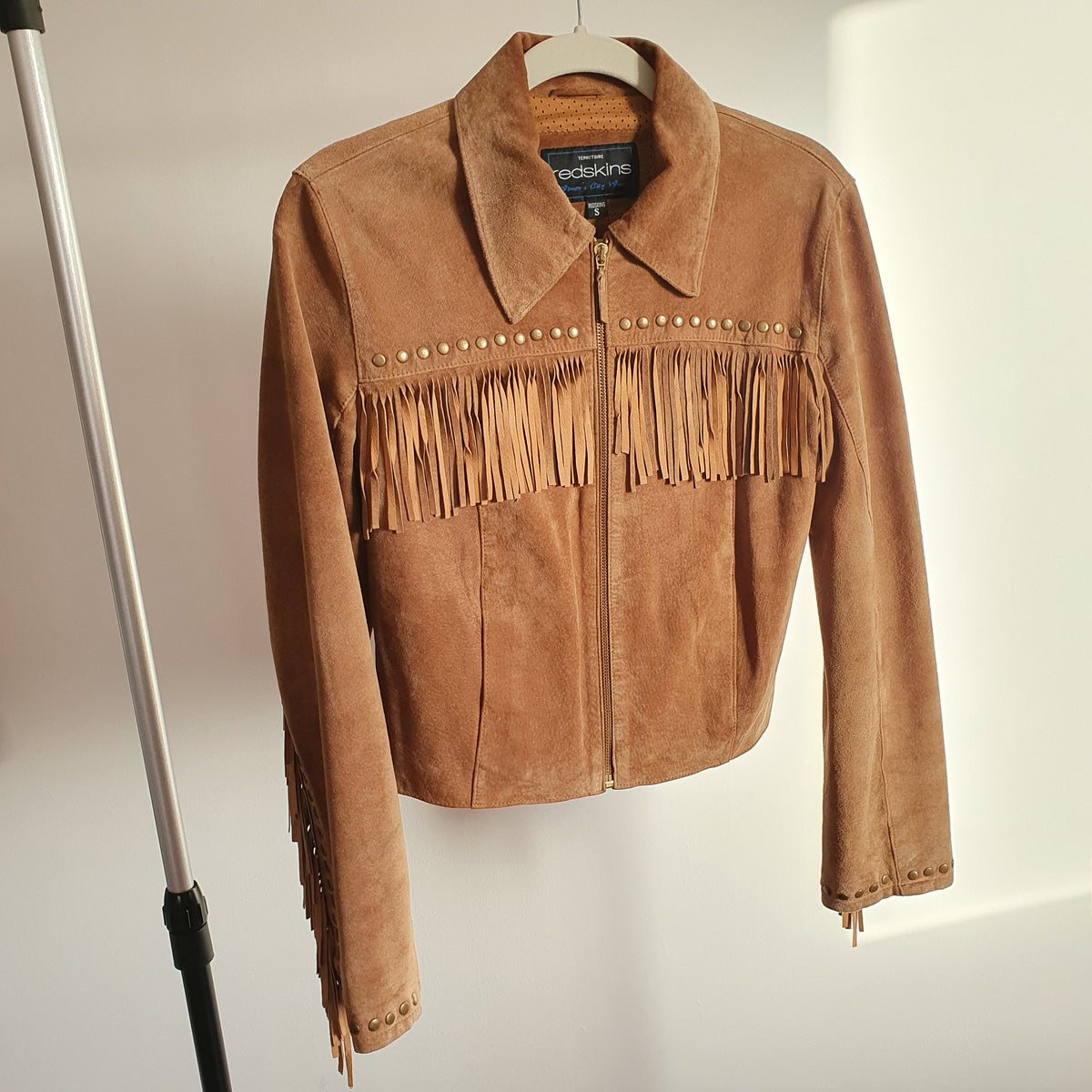 Veste Vintage Cuir Velours Camel à Franges — Taille S | Seconde Main