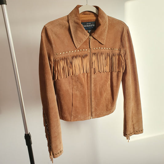 Veste Vintage Cuir Velours Camel à Franges — Taille S | Seconde Main