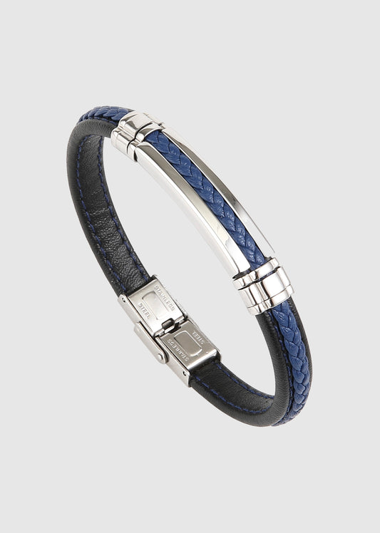 Bracelet cuir noir et bleu tressé