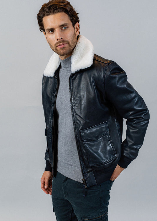 Blouson en cuir bleu marine DOUGLAS ALPHA