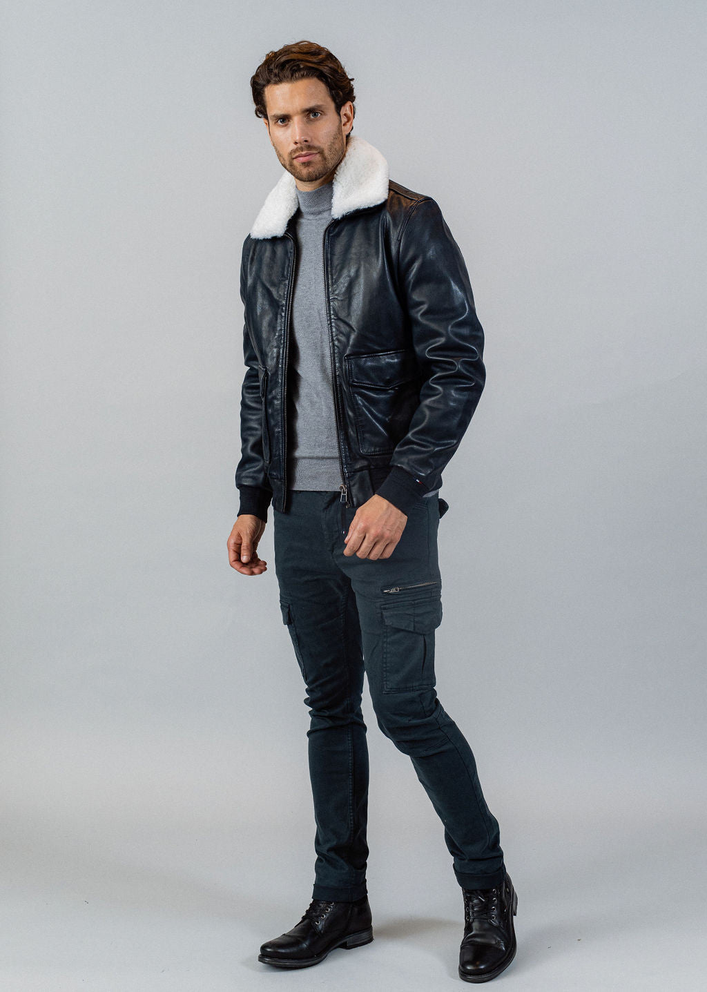 Blouson en cuir bleu marine DOUGLAS ALPHA