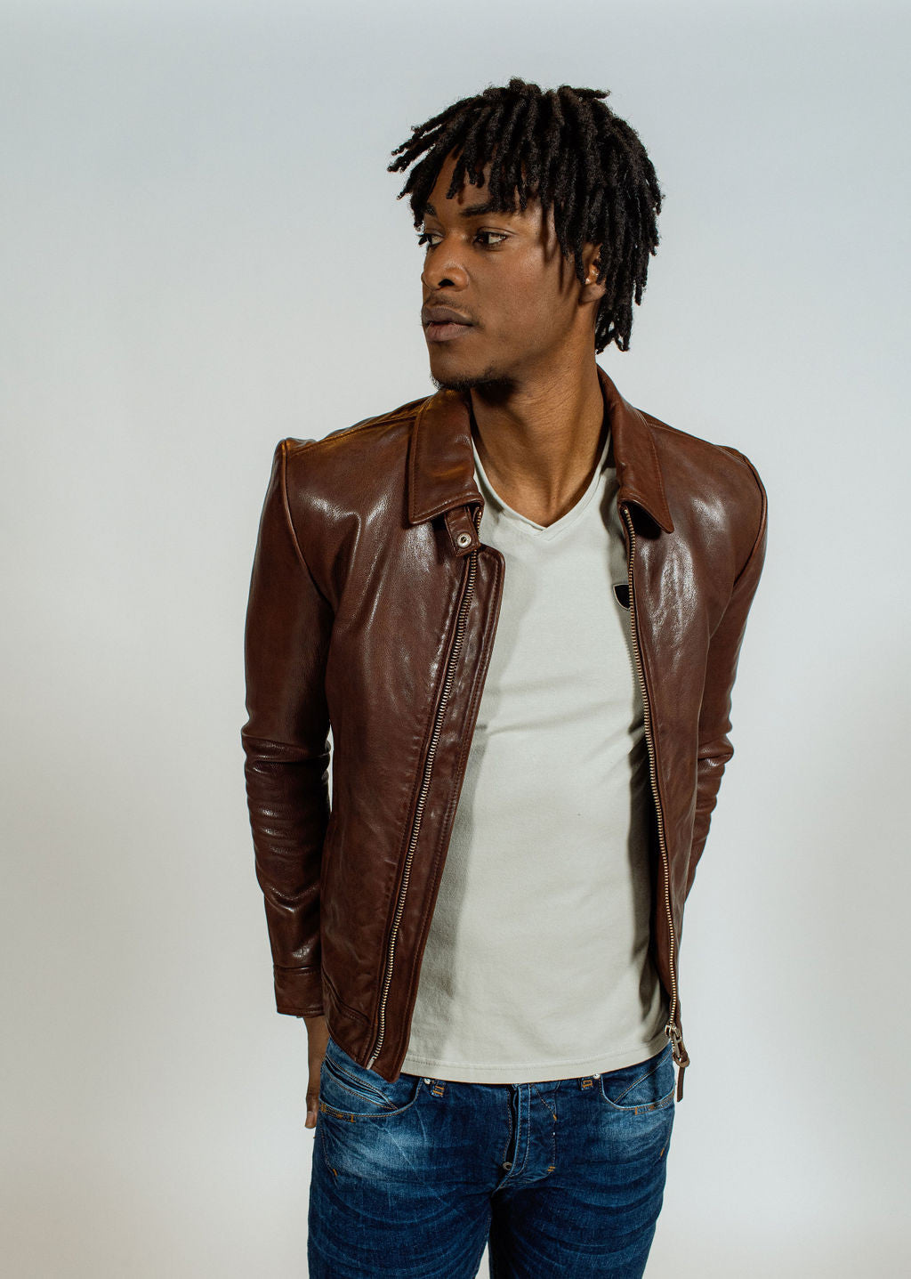 Blouson en cuir marron NORIS GREEN
