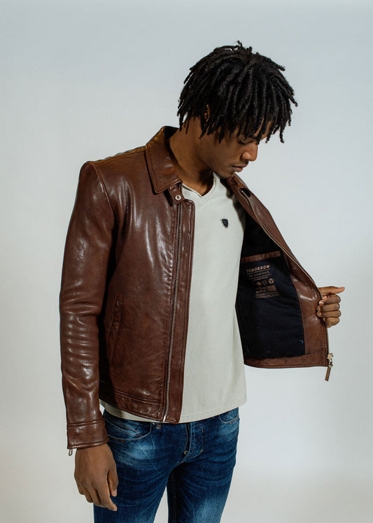 Blouson en cuir marron NORIS GREEN