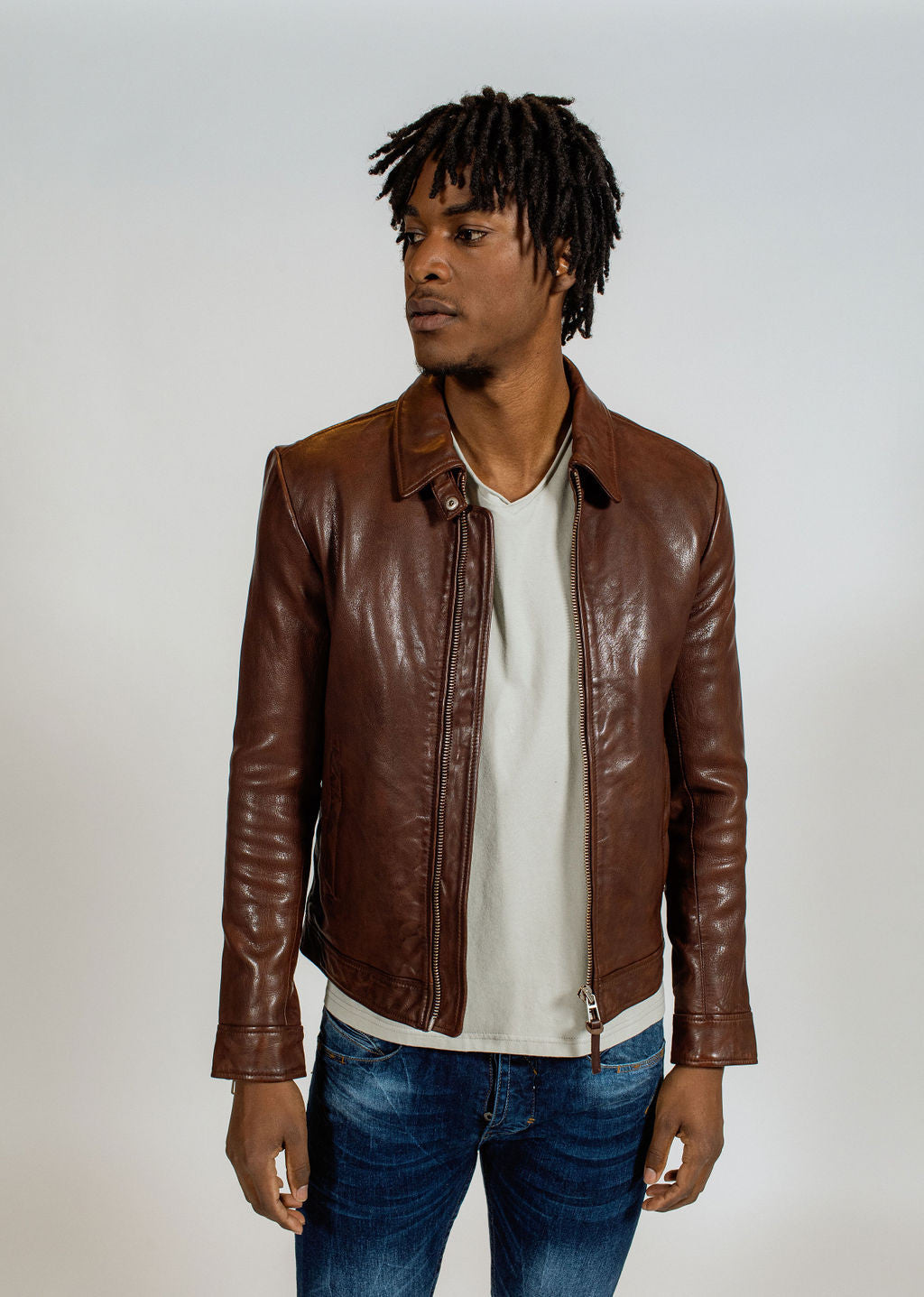 Blouson en cuir marron NORIS GREEN