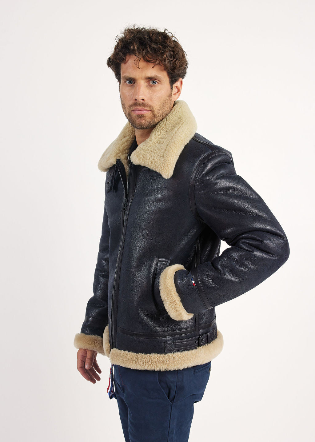 Blouson en cuir marine / beige MISTRAL QUEENSTOWN