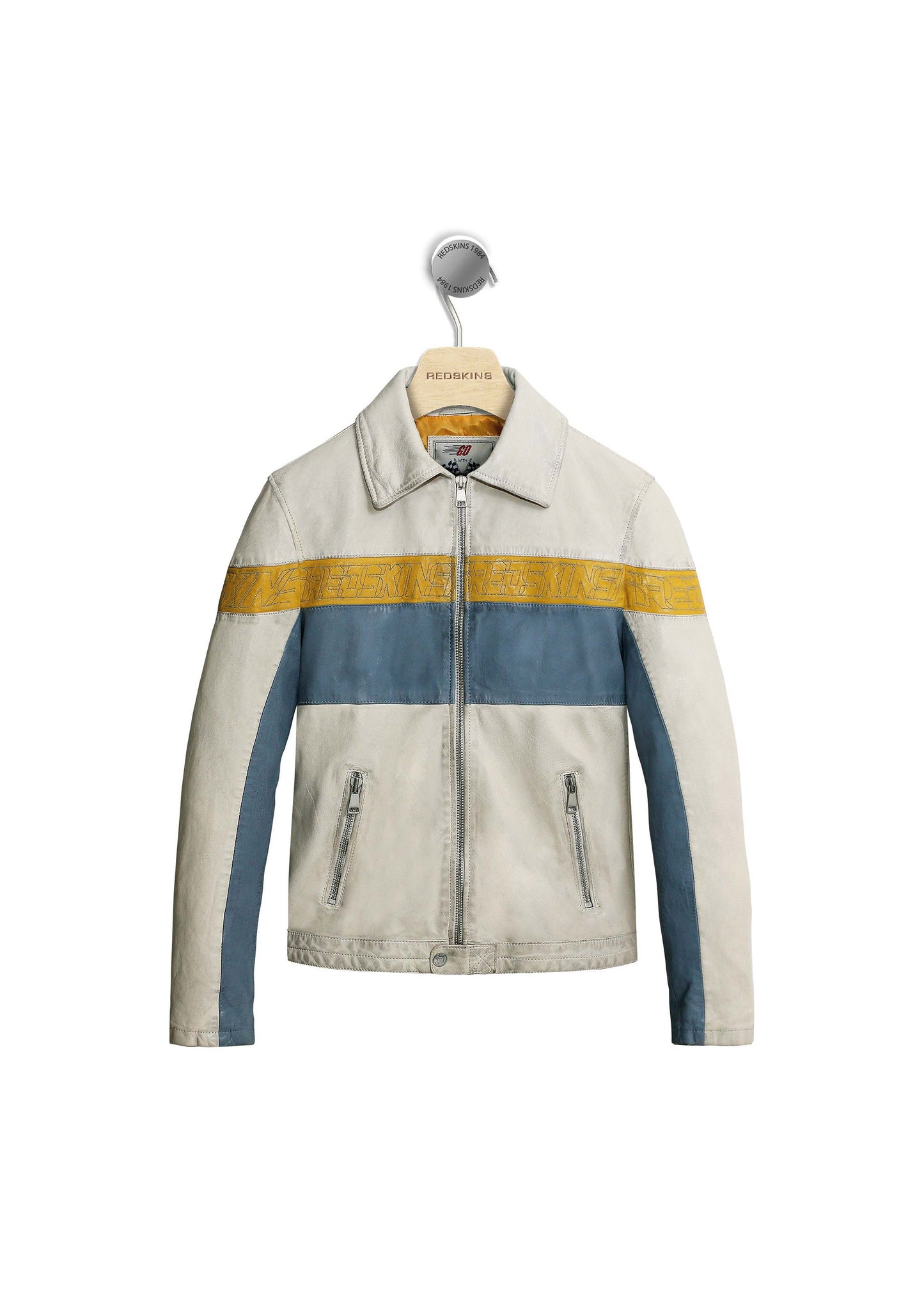 Blouson en cuir marine / jaune TRACKER BARCELONA