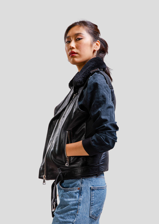 Veste sans manches en cuir noire MILA SHYNE