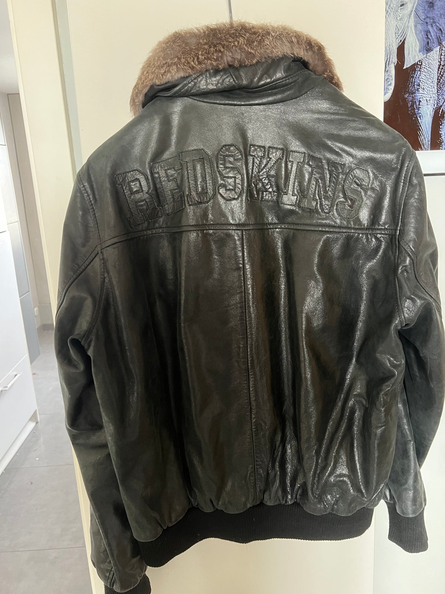 BLOUSON HOMME REDSKINS ORIGINAL EN CUIR AVEC COL EN  FOURRURE