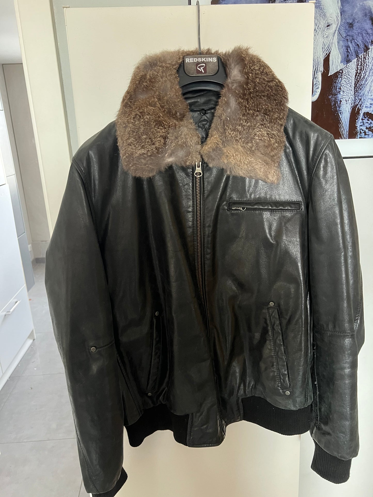 BLOUSON HOMME REDSKINS ORIGINAL EN CUIR AVEC COL EN  FOURRURE